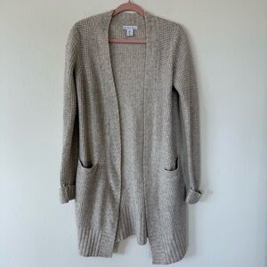 London Kaye Oatmeal Tan Alpaca Blend Waffle Knit Long Line Cardigan Size Small